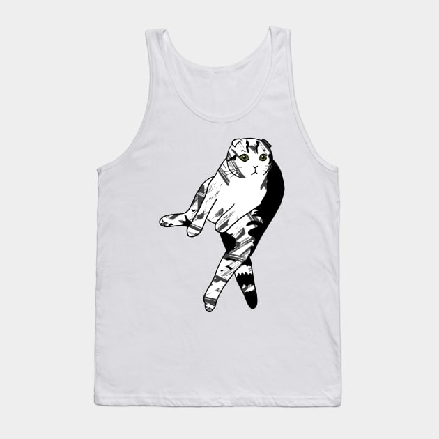 Scottish Fold Cat Sitting Black, White and Grey Design Tank Top by ursoleite